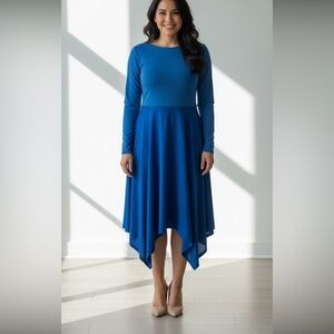 80’s Style Blue Long Sleeve Asymmetrical Spandex MIDI Dress